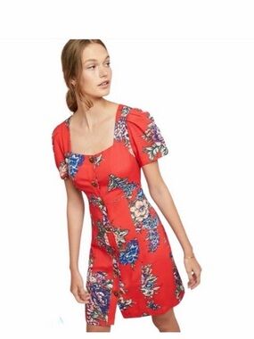 ANTHROPOLOGIE Maeve Red Floral Caldwell Buttondown Dress, Size 6